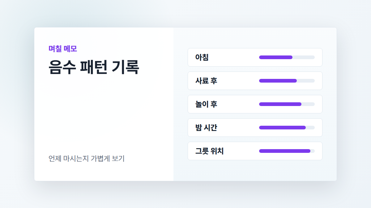 고양이가 물을 마시는 시간과 물그릇 위치를 며칠 동안 가볍게 기록하는 카드