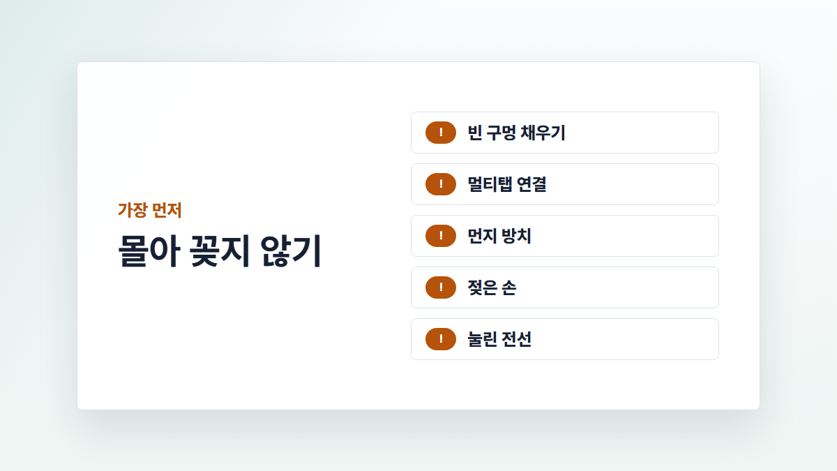 빈 구멍 채우기, 멀티탭 연결, 먼지 방치, 젖은 손, 눌린 전선을 피하라는 카드